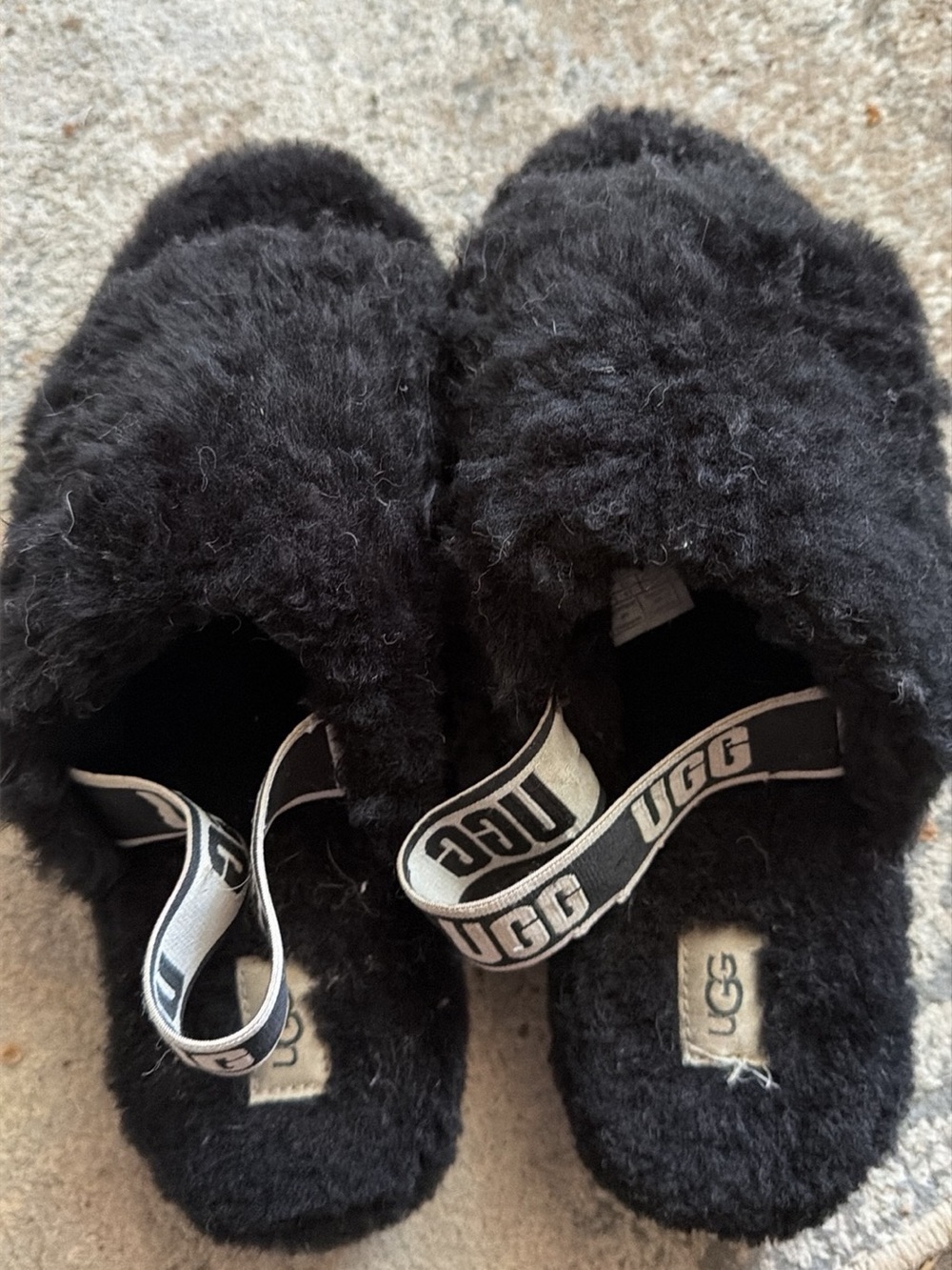 UGG Black Fuzzy Slide Sandals with Logo Heel Strap
